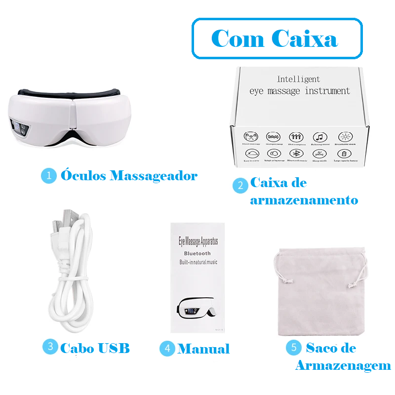 Massageador de Olhos - Óculos c/ Música, Compressa Quente e Relaxamento para fadiga ocular